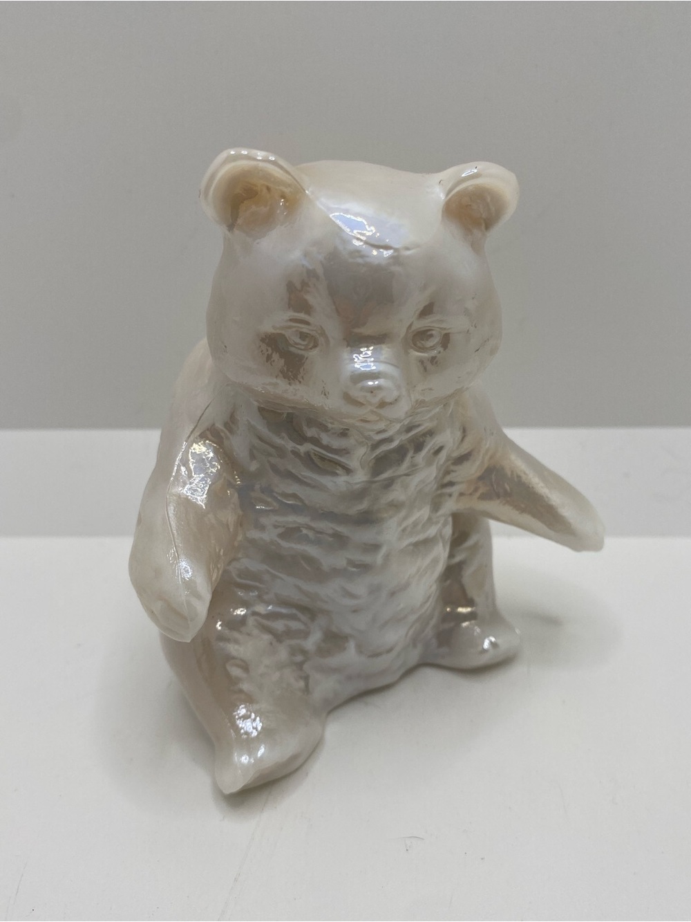 Vintage Mosser White Opalescent Iridescent Carnival Glass Bear Figurine 3.75"H
